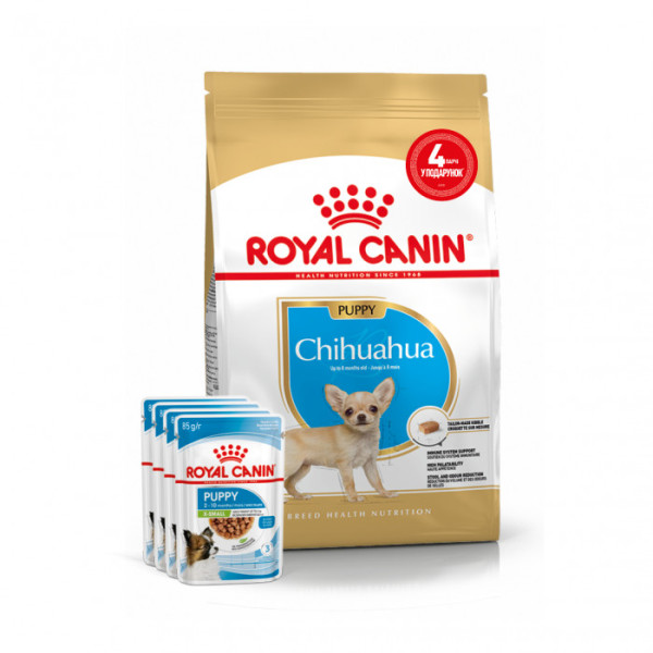 Купити Акція ! Корм для цуценят ROYAL CANIN CHIHUAHUA PUPPY 1.5 кг + 4 шт вологого корму в подарунок !