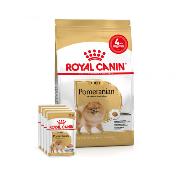Купити Акція ! Корм для дорослих собак ROYAL CANIN POMERANIAN ADULT 1.5 кг + 4 шт вологого корму в подарунок !