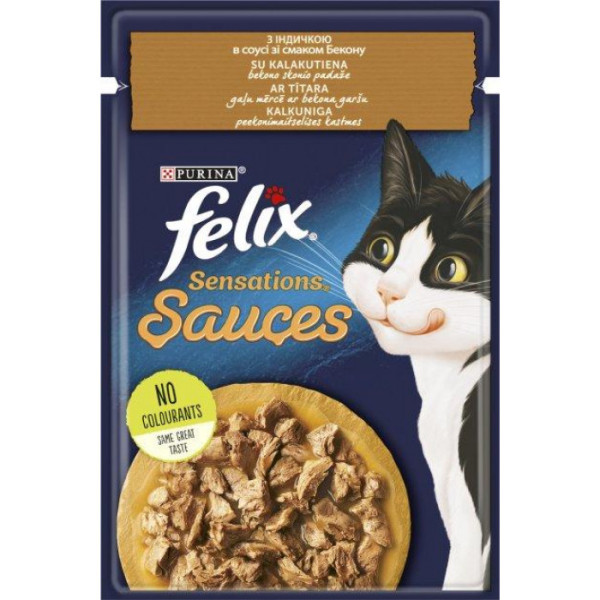 Купити Вологий корм FELIX Sensations Sauces для кішок, індичкою в соусі зі смаком бекону 85г*26 шт.