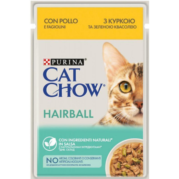 Купити Вологий корм Purina Cat Chow для кішок виведення шерсті, з куркою і зеленою квасолею, шматочки в желе 85 г*26 шт.