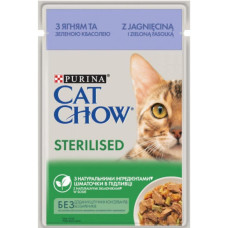 Вологий корм Purina Cat Chow для стерилізованих кішок, з ягням і зеленою квасолею, шматочки в желе 85 г*26 шт.