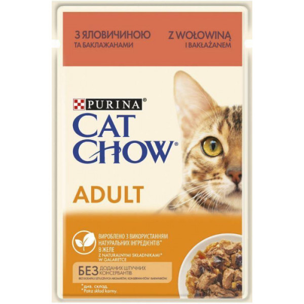 Купити Вологий корм Purina Cat Chow (Кет Чау) для кішок, з яловичиною та баклажанами, шматочки в желе 85 г*26 шт.