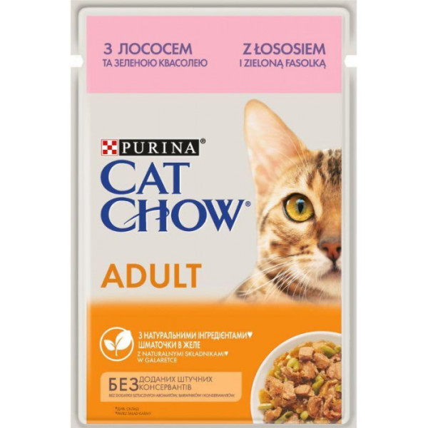 Купити Вологий корм Purina Cat Chow (Кет Чау) для кішок, з лососем і зеленою квасолею, шматочки в желе 85 г*26 шт.