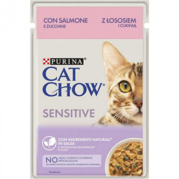 Купити Вологий корм Purina Cat Chow для кішок чутливим травленням, лосось і цукіні, шматочки в желе 85 г*26 шт.