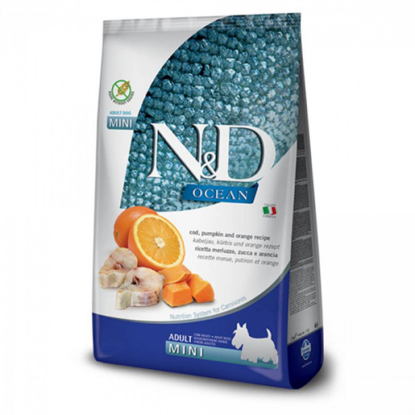 Купити Беззерновий сухий корм Farmina N&D Ocean Adult Mini для дорослих собак дрібних порід, з тріскою, гарбузом та апельсином, 800 г