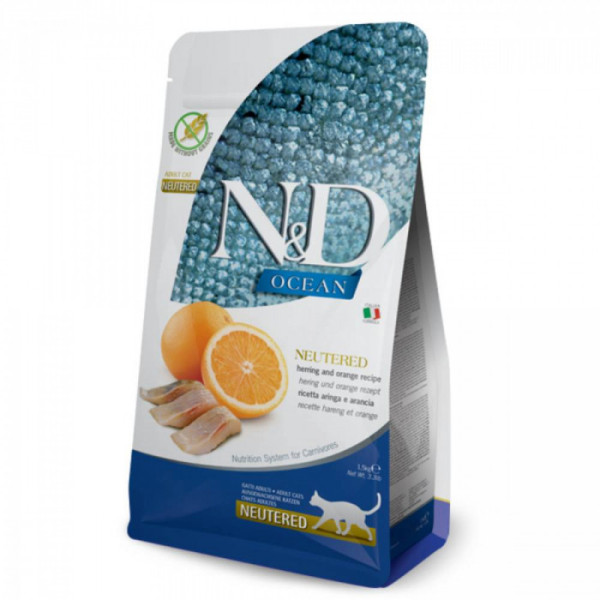 Купити Беззерновий сухий корм Farmina N&D Ocean Herring&Orange Neutered для стерилізованих котів, з оселедцем та апельсином, 1.5 кг
