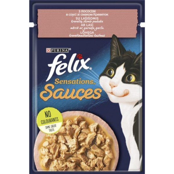 Купити Вологий корм FELIX Sensations Sauces для кішок, з лососем у соусі зі смаком креветок 85 г*26 шт.