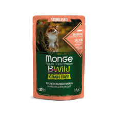 Вологий корм для котів Monge Cat Wet Bwild Grain Free Sterilised Лосось, Креветки, Овочі 85 г