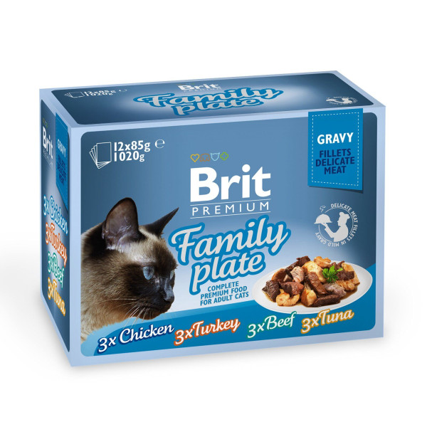 Вологий корм для котів Brit Premium Cat Family Plate Gravy pouches 1020 г - асорті з 4 смаків Сімейна тарілка в соусі
