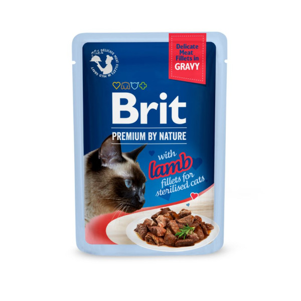 Вологий корм для котів Brit Premium Delicate Fillets in Gravy Lamb for Sterilised pouch 24 шт x 85 г - ягня
