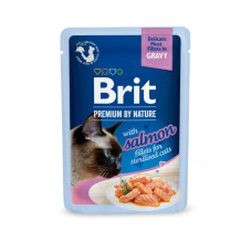 Вологий корм для котів Brit Premium Delicate Fillets in Gravy Salmon For Sterilised pouch 24 шт x 85 г - лосось