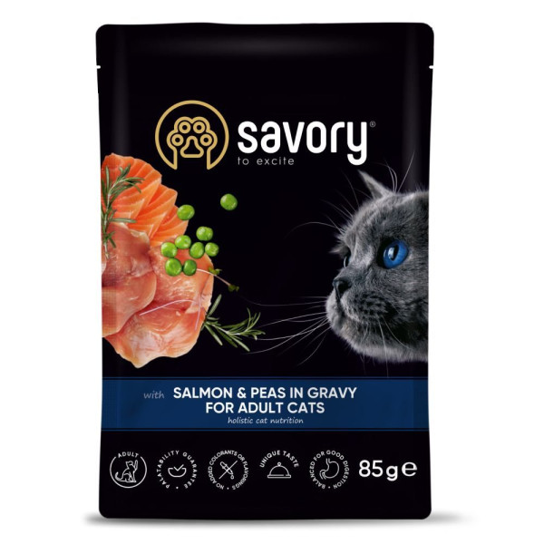 Набір корму для котів Savory Adult pouch 3+1 шт х 85 г - лосось та горошок