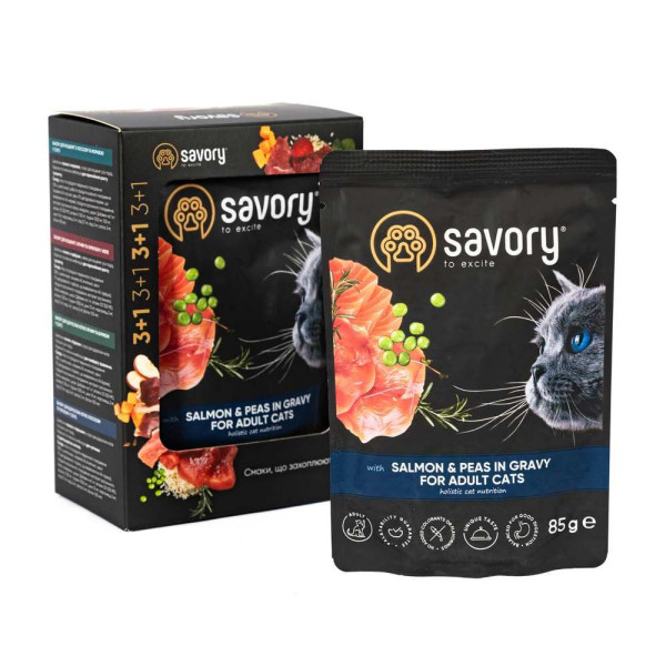 Набір корму для котів Savory Adult pouch 3+1 шт х 85 г - лосось та горошок