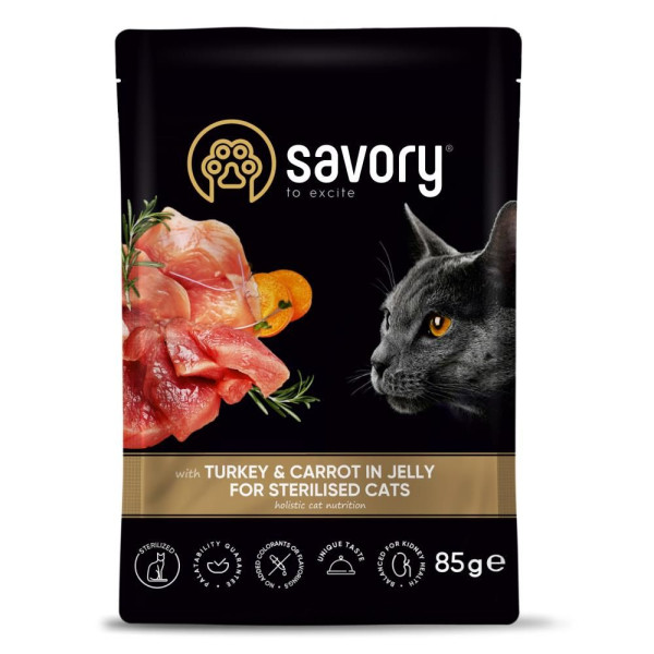 Набір корму для котів Savory Sterilised pouch 3+1 шт х 85 г - індичка та морква