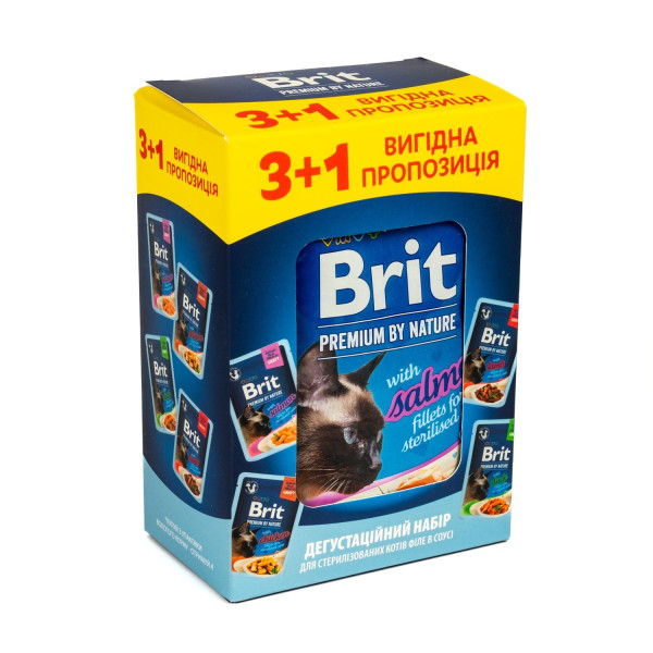 Набір вологого корму для котів Brit Premium Delicate Fillets in Gravy Chicken for Sterilised pouch 3+1 шт х 85 г - асорті