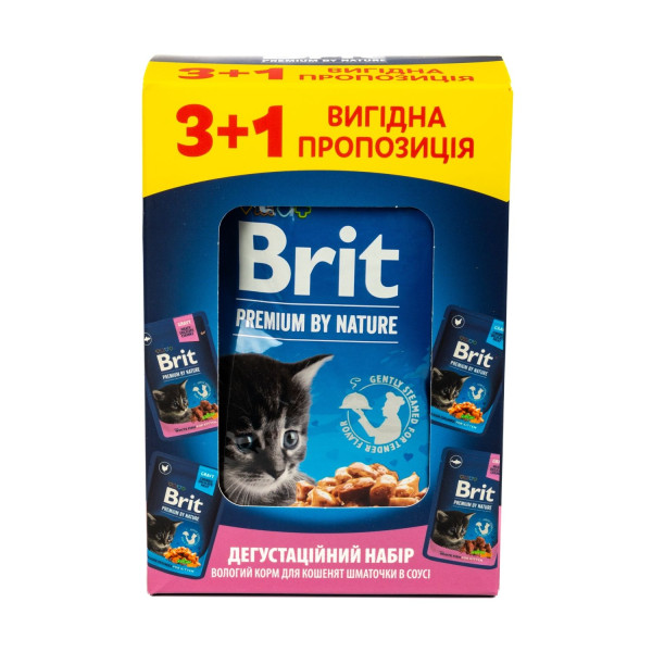 Набір вологого корму для кошенят Brit Premium pouch 3+1 шт х 100 г - курка та риба