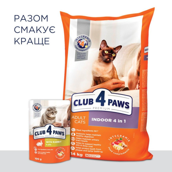 Сухий корм для котів живуть у будинку Клуб 4 Лапи Indoor 4 in 1 Premium 0,9 кг (курица)