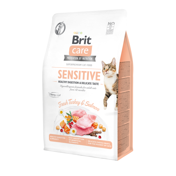 Сухий корм для вибагливих котів Brit Care Cat GF Sensitive HDigestion & Delicate Taste 400 г - індичка і лосось