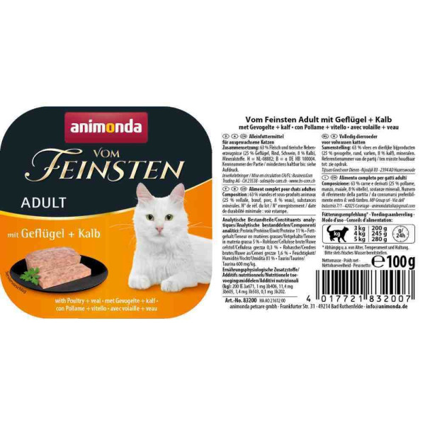 Вологий корм для котів Animonda Vom Feinsten Adult 100 г - домашня птиця та телятина