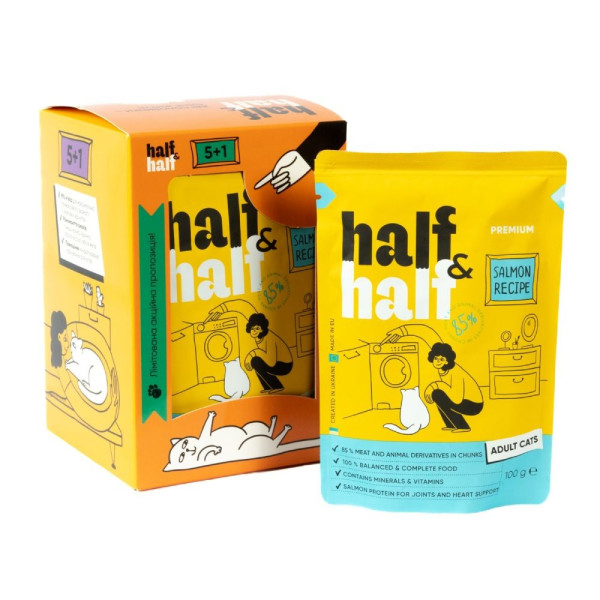 Вологий корм для котів Half&Half Adult 5+1 pouch 600 г - лосось