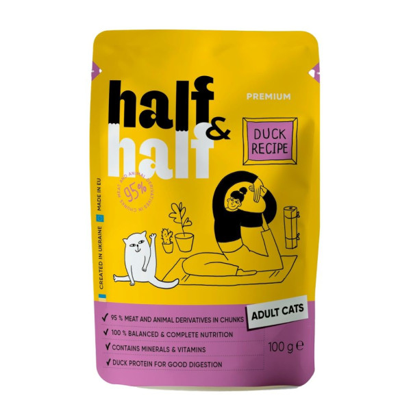 Вологий корм для котів Half&Half Adult pouch 100 г - качка