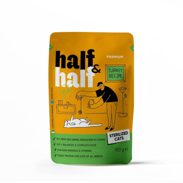 Вологий корм для котів Half&Half Sterilized 5+1 pouch 600 г - індичка