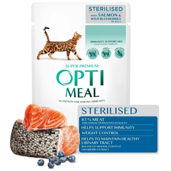 Вологий корм для котів OptimealSterilised Adult pouch 85 г - лосось та чорниця