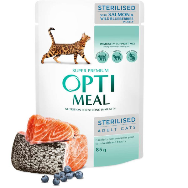 Вологий корм для котів OptimealSterilised Adult pouch 85 г - лосось та чорниця