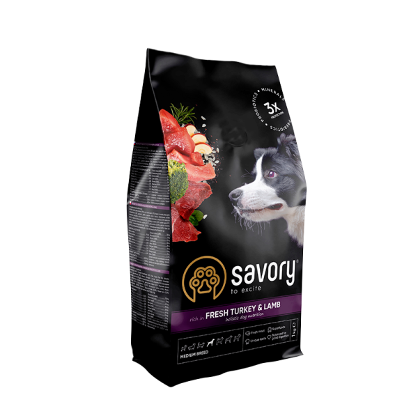 Сухий корм для собак Savory Medium Breed Fresh 1 кг - індичка та ягня