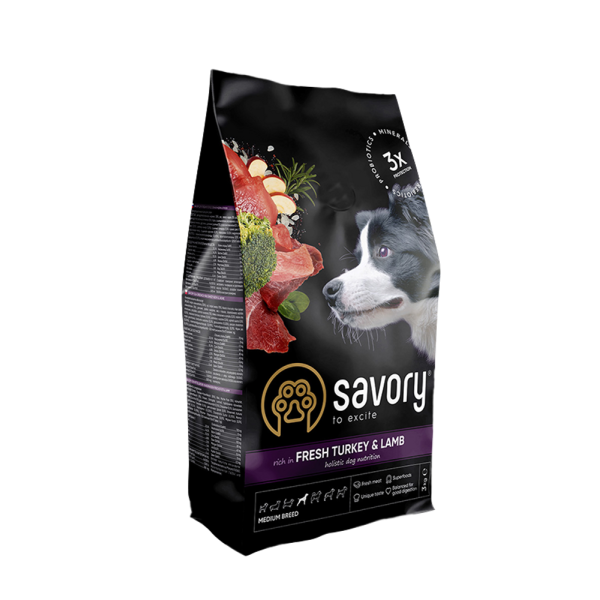Сухий корм для собак Savory Medium Breed Fresh 3 кг - індичка та ягня