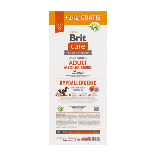 Сухий корм для собак Brit Care Dog Hypoallergenic Adult Medium Breed 12 + 2 кг - ягня