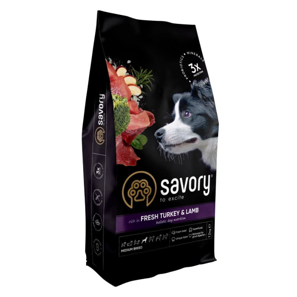 Сухой корм для собак Savory Medium Breed Fresh 12 кг - индейка и ягненок
