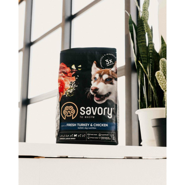 Сухий корм для цуценят Savory Junior Large 12 кг - індичка та курка