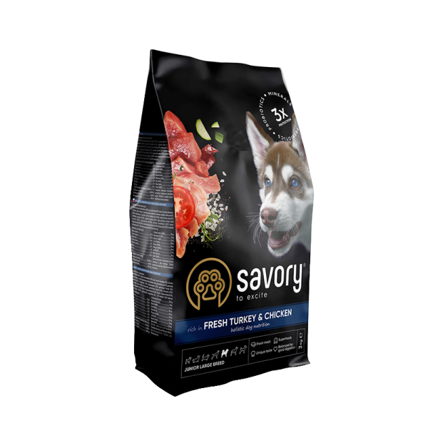 Сухий корм для цуценят Savory Junior Large 3 кг - індичка та курка