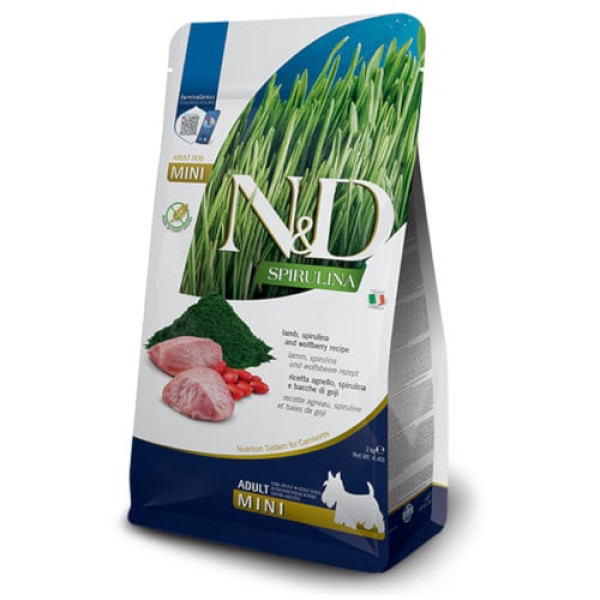 Сухий беззерновий корм Farmina N&D SPIRULINA для дорослих собак дрібних порід, з ягням, спіруліною та ягодами годжі, 2 кг