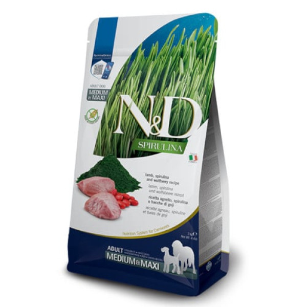 Сухой беззерновой корм Farmina N&D SPIRULINA для взрослых собак средних и больших пород, с ягненком, спирулиной и ягодами годжи, 2 кг
